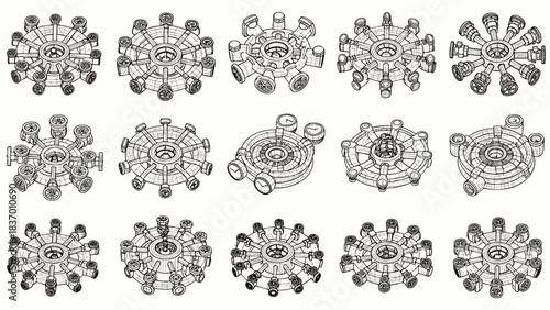 A collection of intricate, abstract, circular mechanical components rendered as detailed wireframe blueprints, perfect for engineering, technology, or industrial design projects.