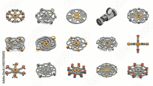 Intricate metallic mechanical components and abstract machinery designs create a complex industrial or technological aesthetic.