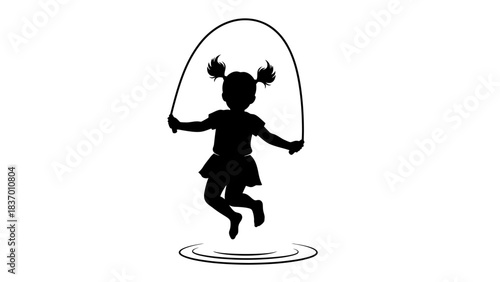 Silhouette of a young girl joyfully jumping rope outdoors.