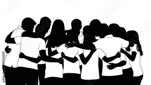 Group of diverse people hugging in unity and support.