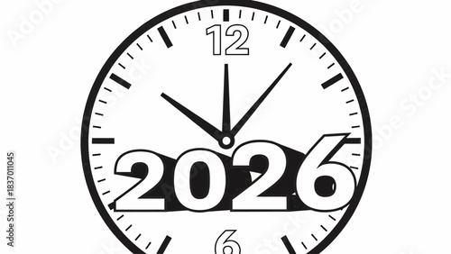 A clock face displaying 2026 against a white background with black hands and numbers