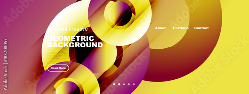 Bright abstract design features overlapping circles, yellow hues, text elements. Modern aesthetic suitable for website header or banner.