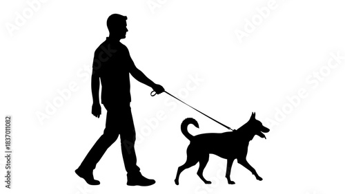 Silhouette of a man walking his dog on a leash.