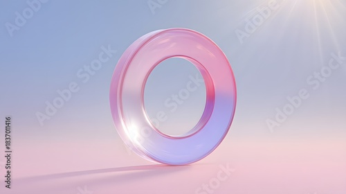 Pink and purple circle with the letter O in the middle. The circle is made of glass and is illuminated by the sun