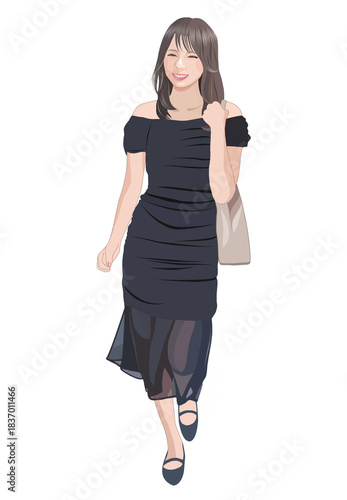 嬉しい表情で歩くファッショナブルな若い女性イラスト