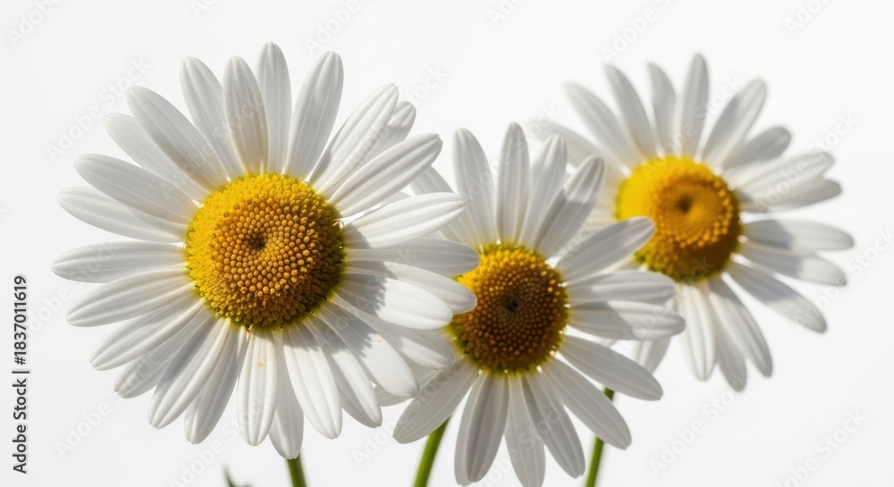Fototapeta premium Three white daisies with yellow centers close-up