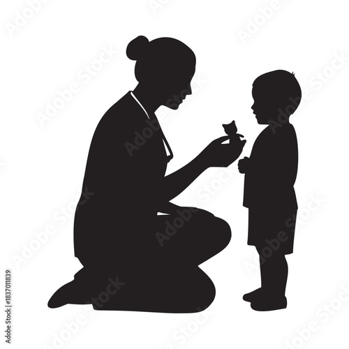 Caring nurse kneeling gently interacts with small child showing compassion and kindness in a hopeful medical setting