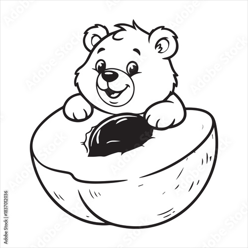 Cute cartoon teddy bear peeking out of a giant peach illustration