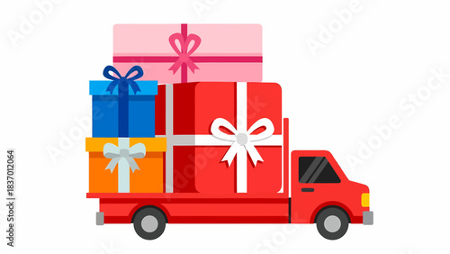 A red delivery truck loaded with various colorful gift boxes, symbolizing shipping and celebration.
