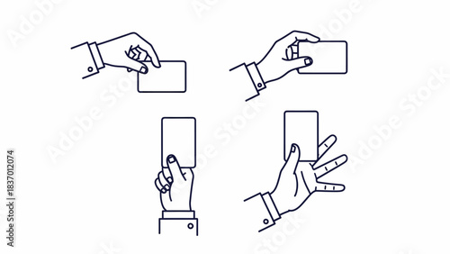 Line art illustration of hands holding blank cards in various positions.