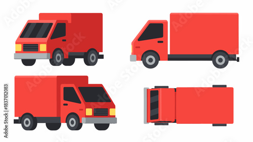 Four different views of a red delivery truck, including front, side, and top perspectives.