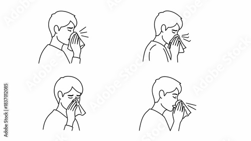 Line art illustrations of a person sneezing and blowing their nose into a tissue, depicting cold or allergy symptoms.