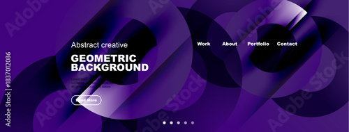 Purple abstract geometric background. Website header design features navigation, text, dots. Modern style, vibrant colors, clean layout.