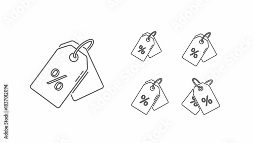 Isometric line art icons of price tags with percentage symbol for discount or sale.