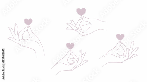 Four outline hands in a mudra gesture, each holding a small purple heart, symbolizing love and mindfulness.