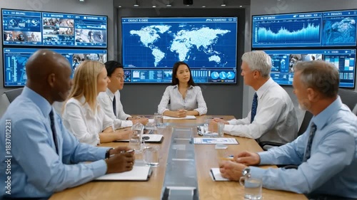 Strategic Summit: Business leaders and experts convene in a modern, technology-rich environment, their focused discussion and strategic exchange of ideas.