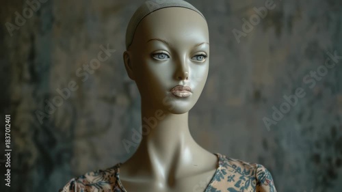 Video A life-sized mannequin dressed in a colorful floral gown, accessorized with a headband