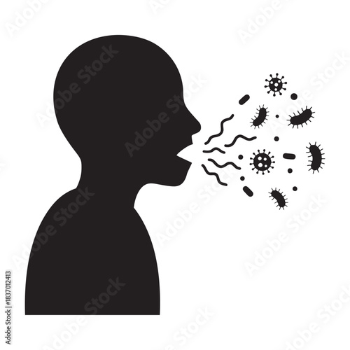 Silhouetted person coughing vigorously spreading germs and disease particles in dark setting signaling illness awareness