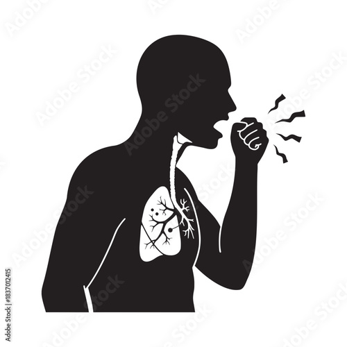Silhouette of person coughing showing internal lung infection and respiratory distress against dark background