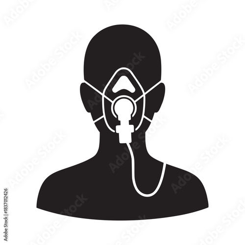 Silhouette of patient receiving emergency oxygen therapy via face mask in dark setting for medical concepts