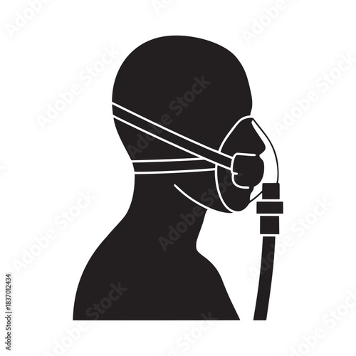 Silhouette of person wearing a medical oxygen mask and breathing apparatus for respiratory support