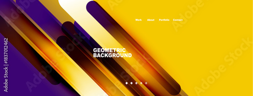 Dynamic geometric background features vibrant colors, diagonal lines, text elements. Modern design suitable for website header or presentation.