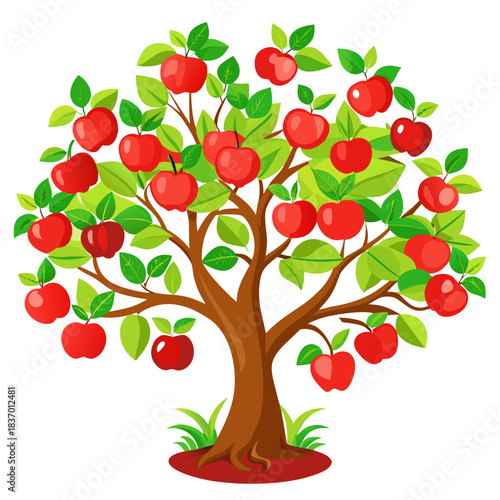 A vibrant apple tree laden with ripe red apples and green leaves
