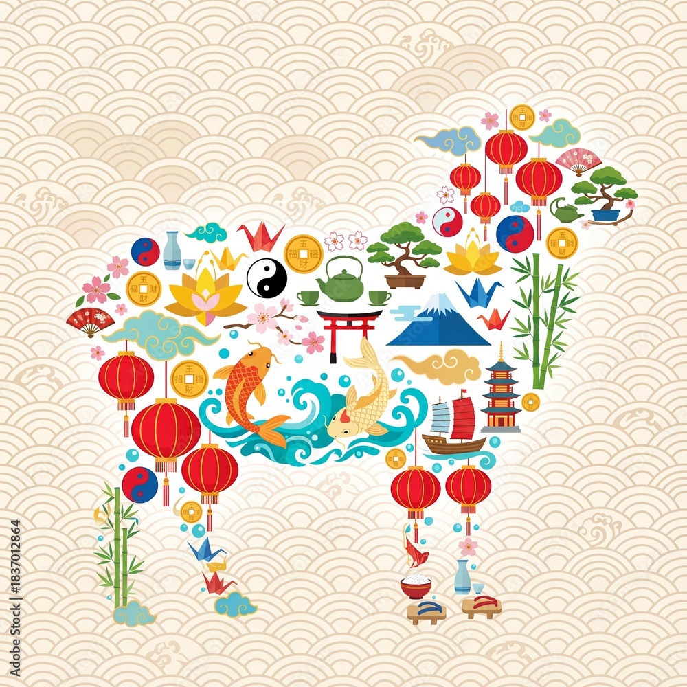 Fototapeta premium Sheep shaped with Asian cultural symbols
