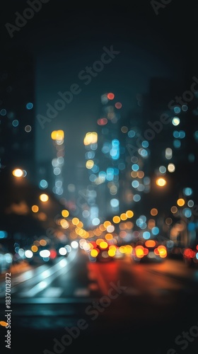 Night city bokeh with colorful traffic lights, blurred urban street scene, vertical 9:16 social media background