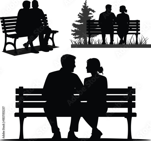 Romantic couple sitting on park bench silhouette, love relationship illustration, outdoor dating scene vector, romance in nature, cad drawing flat vector illustration