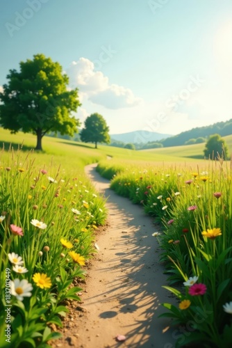 Serene Meadow Path A sunlit dirt trail winds through a vibrant field of wildflowers, bordered by lush green grass, leading towards a tranquil landscape under a bright blue sky.