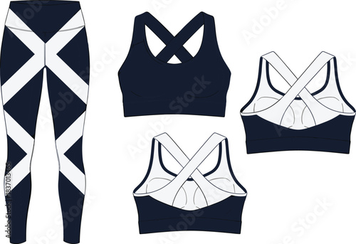 Athletic wear set with crisscross sports bra and striped leggings, front and back views, cad drawing flat vector