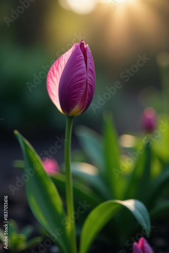 A single, vibrant purple tulip blossom bathed in the warm glow of the setting sun, its petals delicately unfurling amidst a field of verdant foliage.