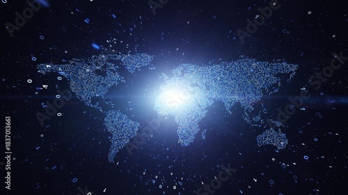 Digital world map texture with binary code cyber space loop animation background.