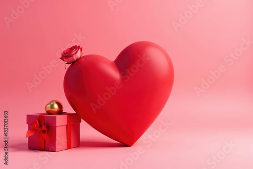 A Romantic Composition Featuring a Large Red Heart, a Small Gift Box, and a Delicate Rose