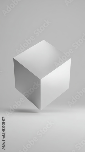 White 3d cube levitating on light grey background, minimalist geometric shape design, vertical 9:16 social media background