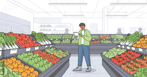 A supermarket shopping cart is full of fresh, organic vegetables and fruits at the produce stand in the grocery store