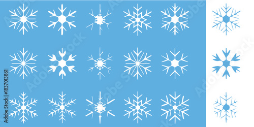 Delicate snowflakes falling gently on light blue background create a magical winter wonderland, perfect for holiday designs.