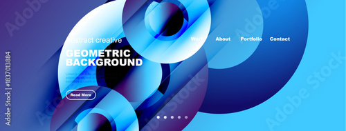 Abstract blue design features flowing shapes, text elements, navigation menu. Modern aesthetic suitable for website header or banner.