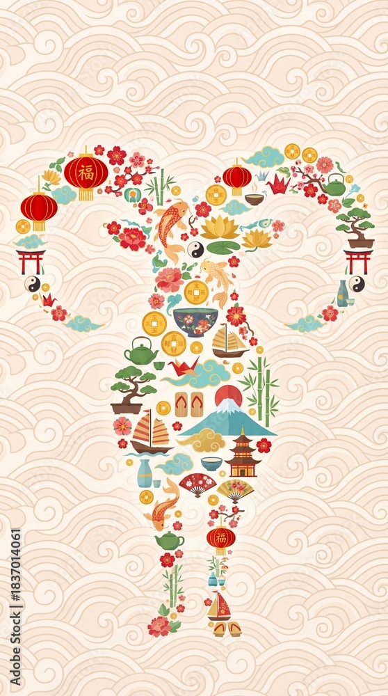 Fototapeta premium Ram silhouette with cultural elements