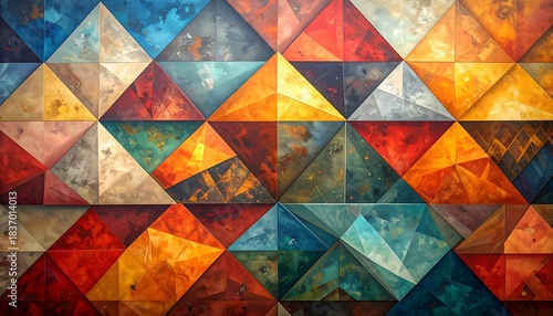 Wallpaper Mural Abstract triangular mosaic of mixed, vibrant colors, forming a textured, dimensional geometric art piece Torontodigital.ca