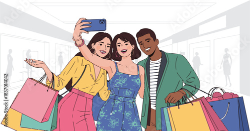 Happy smiling couple and friends shopping for clothes and fashion bags at the mall store