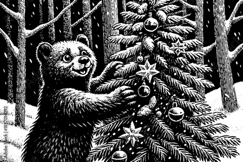 happy bear cub hugs a decorated Christmas tree in a snowy forest, adding sweetness and joy to the holiday atmosphere