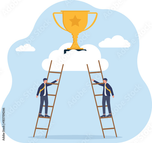 businessman and businesswoman walk up stair compete to win trophy.
