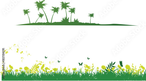 Floral meadow design illustration with green grass, spring flowers, and sky background