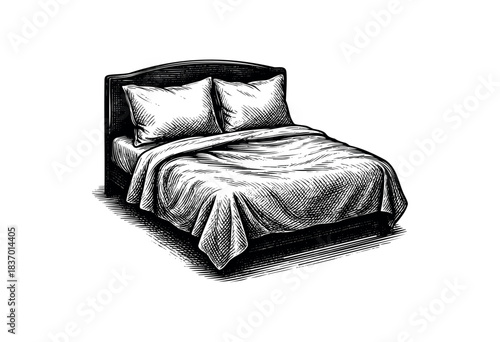 Monochrome drawing of a double bed with pillows and blanket in a vintage engraving style — stock vector.