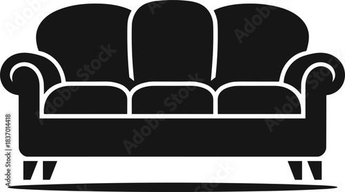 Black and white icon of a three-seater upholstered sofa with rolled arms couch furniture