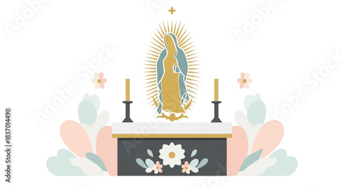Stylized Illustration of the Virgin Mary Altar with Floral Decorations