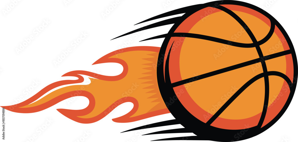 Fototapeta premium Flaming basketball illustration, sports energy concept, dynamic motion graphic, fiery ball artwork, speed and power, athletic design, game intensity