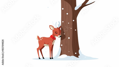 Charming illustration of a young deer with a cozy red scarf, standing peacefully beside a snow-dusted tree in a tranquil winter scene, evoking warmth and seasonal joy through a gentle vector style
